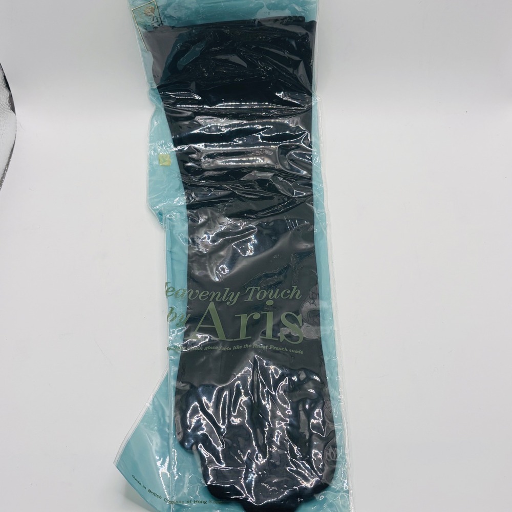 Vintage NOS Heavenly Touch by Aris Black Cotton Long Dress Gloves Size 7.5